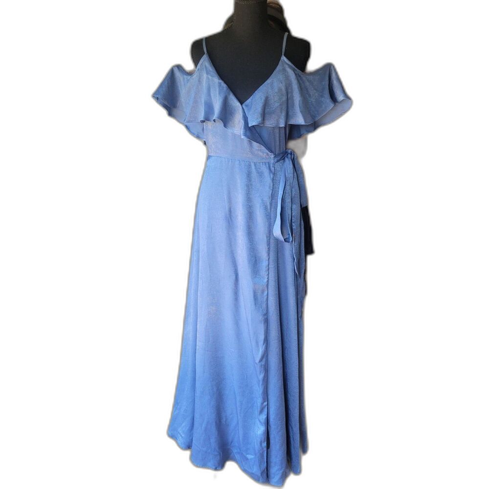 Lulus Moriah Slate Blue Satin Cold-Shoulder Wrap Maxi Dress M